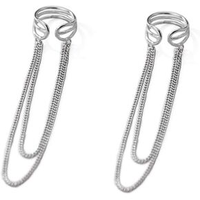 Threader 3 Layered Cartilage Clip On Cuff Wrap Small Hoop Earrings for Women Teenage Girls 925 Sterling Silver Non Pierced Minimalist Elegant Geometric Drop Dangle Hanging Tassel Chain Cuffs 10mm