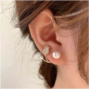 YienDoo Boho Tulip Ear Cuff Wrap Earring Gold Pave Rhinestone Flower Ear Jacket Earring Statement Pearl Piercing Wrap Stud Earring Crystal Flora Climbers Crawler Earrings Jewelry for Women and Girls