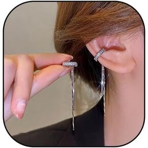 Crystal Ear Cuff for Women Girls Rhinestone Long Tassel Ear Clip on Cartilage Sparkling Non-Piercing Cuff Earrings Chain Jewelry Gifts