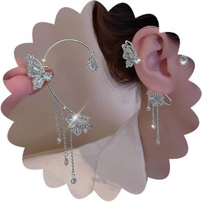 2PCS Butterfly Flowers Ear Cuffs Earrings Non-Pierced Sparkle Crystal Butterfly Tassel Chain Fake Earrings Cartilage Climber Ear Wrap Around Prom Party Ear Jewelry for Women