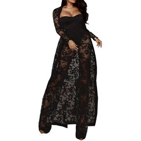 xxxiticat Women's Sexy Lace Transparent See Through Wide Leg Pants Tube Top Long Coat Sets Suits