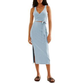 Pink Queen Women's 2 Piece Outfits Wrap V Neck Crop Top Tie Knot Bodycon Slit Skirt Ribbed Knit Midi Dress Set