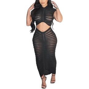 Kafiloe Sexy 2 Piece Outfits for Women Mesh See Through Crochet Short Sleeve Crop Top Bodycon Maxi Skirt Set