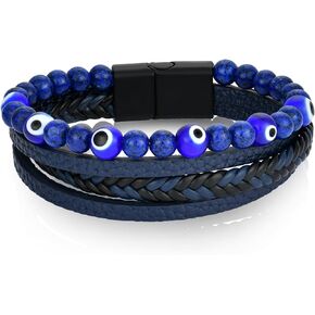 Mens Tiger Eye Black Obsidian Lapis Lazuli Stone Beaded Bracelet,Evil Eyes Braided Leather Cuff Bangle Bracelet for Men,Stainless Steel Clasp