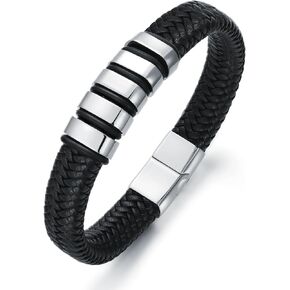 Leather Braided Bracelet for Men Black Leather Bracelets with 316L Stainless Steel Accessories Fashion Bracelet Jewerly Birthday Gifts for Dad Boyfriends