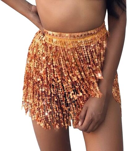 تنورة PrettyGuide النسائية ذات الترتر اللامعة للرقص الشرقي، تنورة الورك، وشاح شرابة، تنورة ملفوفة، زي الحفلات in Kuwait