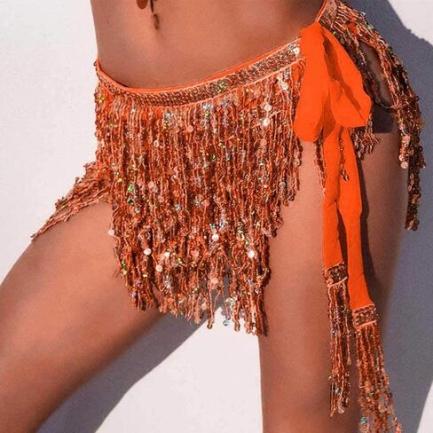 تنورة PrettyGuide النسائية ذات الترتر اللامعة للرقص الشرقي، تنورة الورك، وشاح شرابة، تنورة ملفوفة، زي الحفلات in Kuwait