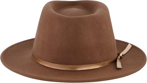 Christian Siriano New York Fedora Hat, Wool Felt Wide Brim Rancher Fashion Hat with Metallic Faux Leather Wrap, Brown, One Size, Brown, One size in Saudi Arabia