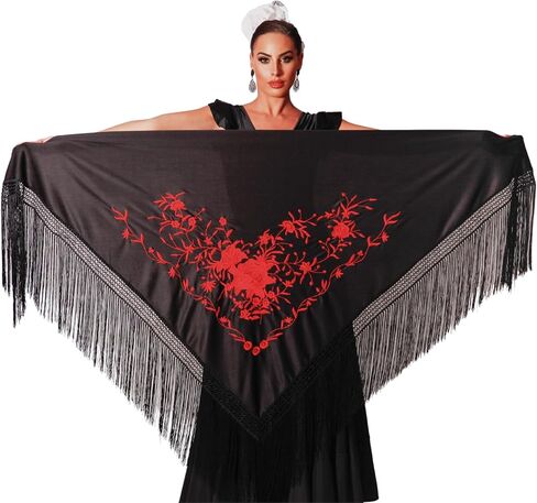 Large flamenco shawl. Measurement 75X35 inch without counting the fringes (11.8inch), embroidered on one side. in Saudi Arabia