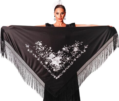 Large flamenco shawl. Measurement 75X35 inch without counting the fringes (11.8inch), embroidered on one side. in Saudi Arabia