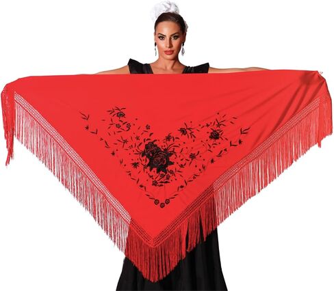 Large flamenco shawl. Measurement 75X35 inch without counting the fringes (11.8inch), embroidered on one side. in Saudi Arabia