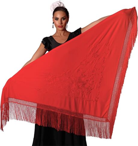 Large flamenco shawl. Measurement 75X35 inch without counting the fringes (11.8inch), embroidered on one side. in Saudi Arabia