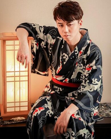 SocalmDown Men's Bathrobes Japanese Yukata Embroidered Robe Traditional Kimono Long Sleeve Spa Bathrobe Pajamas Dressing Gown in Saudi Arabia