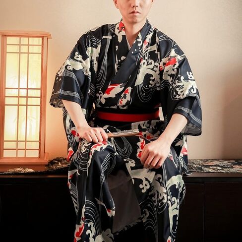 SocalmDown Men's Bathrobes Japanese Yukata Embroidered Robe Traditional Kimono Long Sleeve Spa Bathrobe Pajamas Dressing Gown in Saudi Arabia