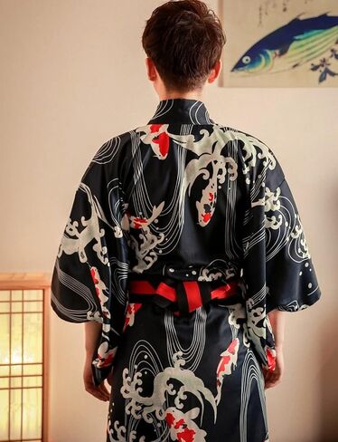 SocalmDown Men's Bathrobes Japanese Yukata Embroidered Robe Traditional Kimono Long Sleeve Spa Bathrobe Pajamas Dressing Gown in Saudi Arabia