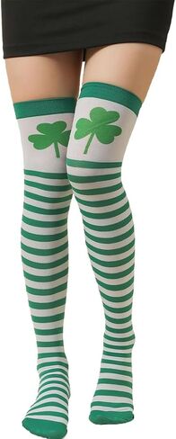 Green White Striped St.Patrick Day Socks Shamrock Pantyhose Stockings Irish Thigh High Socks Party for Women in Saudi Arabia