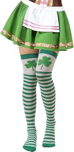 Green White Striped St.Patrick Day Socks Shamrock Pantyhose Stockings Irish Thigh High Socks Party for Women in Saudi Arabia