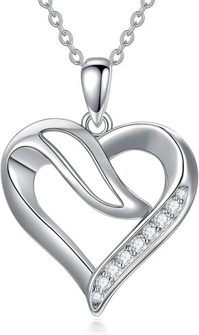 Natural Diamond Heart Necklace for Women, 18K White Gold Plated 925 Sterling Silver Heart Pendant Love Jewelry Gifts for Wife, Mom, Girls, Daughter 18"+2" in Saudi Arabia