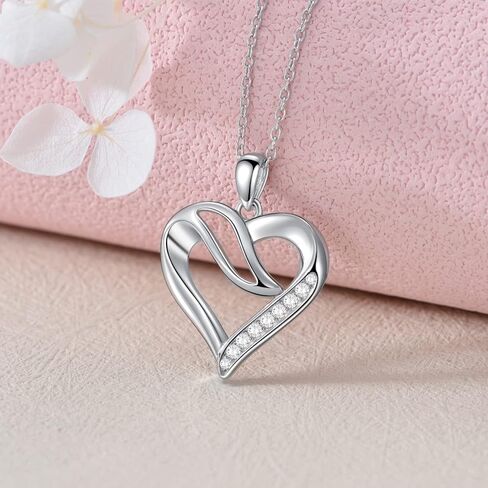 Natural Diamond Heart Necklace for Women, 18K White Gold Plated 925 Sterling Silver Heart Pendant Love Jewelry Gifts for Wife, Mom, Girls, Daughter 18"+2" in Saudi Arabia