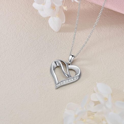 Natural Diamond Heart Necklace for Women, 18K White Gold Plated 925 Sterling Silver Heart Pendant Love Jewelry Gifts for Wife, Mom, Girls, Daughter 18"+2" in Saudi Arabia