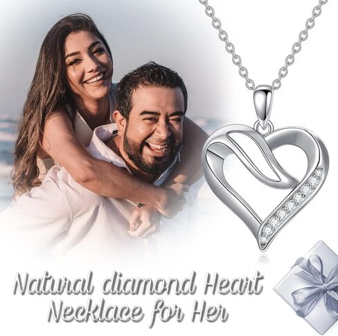Natural Diamond Heart Necklace for Women, 18K White Gold Plated 925 Sterling Silver Heart Pendant Love Jewelry Gifts for Wife, Mom, Girls, Daughter 18"+2" in Saudi Arabia