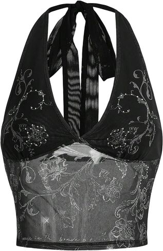 SOLY HUX Women's Floral Print Rhinestone Y2K Halter Top Sleeveless Tie Backless Fitted Summer Crop Tops in Saudi Arabia