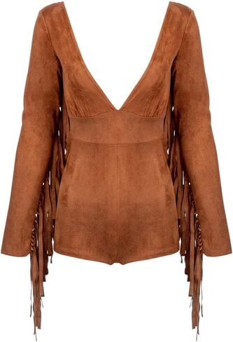 Women's Fringe Romper Faux Suede Western Jumpsuit in Kuwait