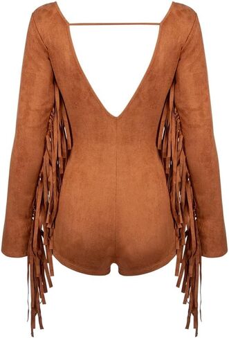 Women's Fringe Romper Faux Suede Western Jumpsuit in Kuwait