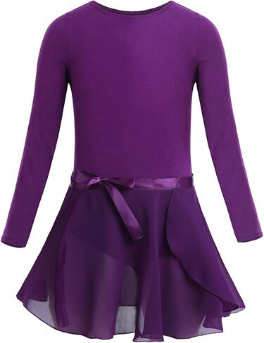 FEESHOW Kids Girls Basic Long Sleeve Leotard Gymnastics Ballet Dance Tutu Dress Shiny Mesh Skirt Ballerina Costumes in Kuwait