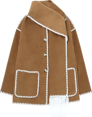 سترة وشاح مطرزة للنساء من SeekMe معطف كبير الحجم من مزيج الصوف بأزرار سفلية ملابس خارجية شتوية مع وشاح شرابة (1818-CamelX1-L-FY) in Kuwait