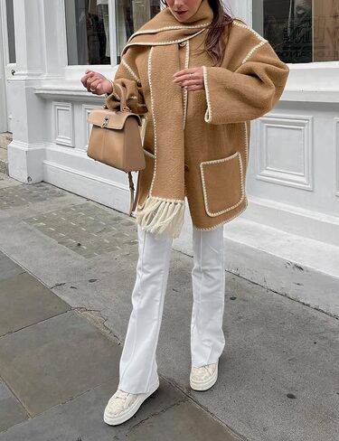 سترة وشاح مطرزة للنساء من SeekMe معطف كبير الحجم من مزيج الصوف بأزرار سفلية ملابس خارجية شتوية مع وشاح شرابة (1818-CamelX1-L-FY) in Kuwait