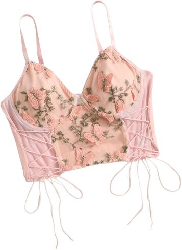 SweatyRocks المرأة التطريز الدانتيل يصل المحاصيل كامي الأعلى السباغيتي حزام المجهزة بروتيل المحاصيل القمم in Kuwait