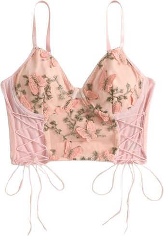 SweatyRocks المرأة التطريز الدانتيل يصل المحاصيل كامي الأعلى السباغيتي حزام المجهزة بروتيل المحاصيل القمم in Kuwait