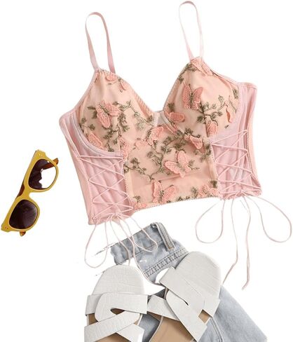 SweatyRocks المرأة التطريز الدانتيل يصل المحاصيل كامي الأعلى السباغيتي حزام المجهزة بروتيل المحاصيل القمم in Kuwait