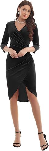 فستان نسائي من Gardenwed مخملي ملفوف برقبة على شكل حرف V وأكمام 3/4 مكشكش أنيق لحفلات الكوكتيل لضيوف الزفاف in Kuwait