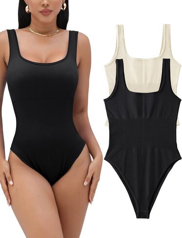 Micoson 2 Piece Bodysuit for Women Ribbed Sleeveless Tank Tops Square Neck Sexy Stretchy Bodycon Jumpsuit in Saudi Arabia