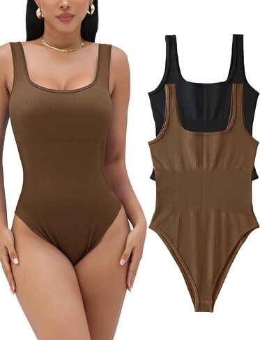 Micoson 2 Piece Bodysuit for Women Ribbed Sleeveless Tank Tops Square Neck Sexy Stretchy Bodycon Jumpsuit in Saudi Arabia