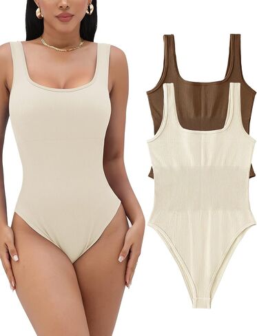 Micoson 2 Piece Bodysuit for Women Ribbed Sleeveless Tank Tops Square Neck Sexy Stretchy Bodycon Jumpsuit in Saudi Arabia
