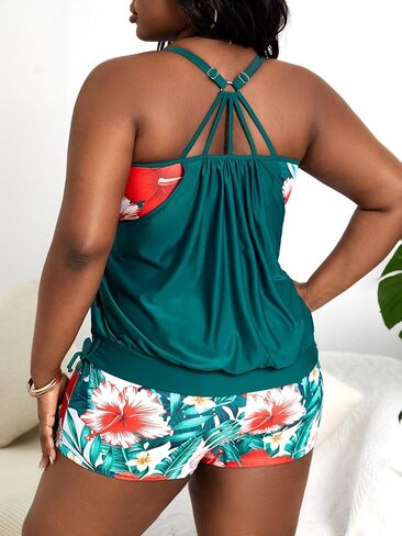 MakeMeChic Women's Plus Size 2 Piece Tankini Tropical Bathing Suit Racerback Swim Halter Top with Boyshorts Swimsuit in Saudi Arabia