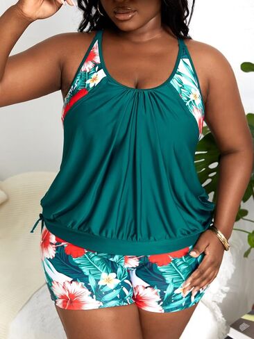 MakeMeChic Women's Plus Size 2 Piece Tankini Tropical Bathing Suit Racerback Swim Halter Top with Boyshorts Swimsuit in Saudi Arabia