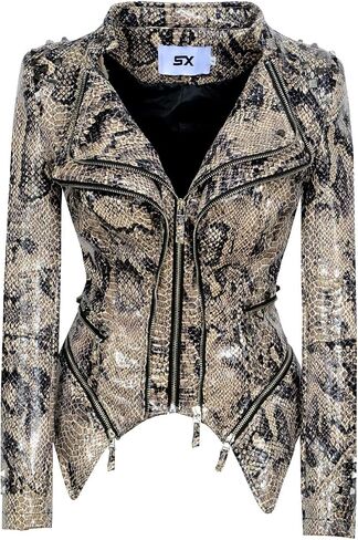Fashion SX Women's Snake Pattern Rivet Studded PU Faux Leather Jacket Moto Biker Coat in Saudi Arabia
