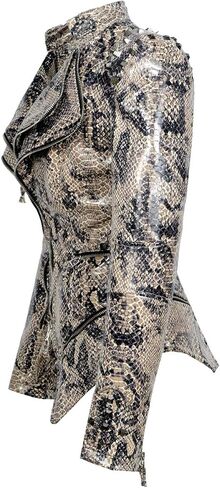 Fashion SX Women's Snake Pattern Rivet Studded PU Faux Leather Jacket Moto Biker Coat in Saudi Arabia