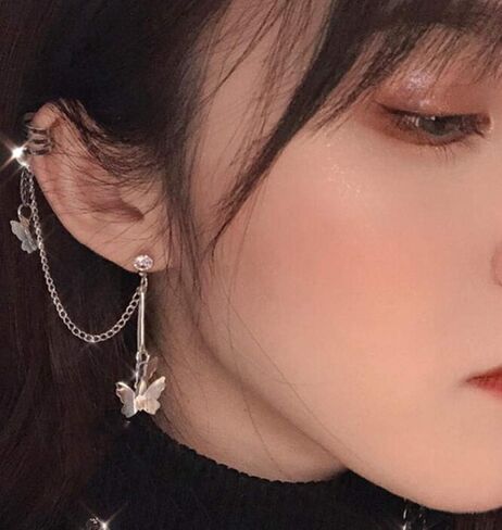 زوج واحد من اقراط الاذن على شكل فراشة وشراشيب للنساء والفتيات، اقراط فضية متدلية طويلة على شكل فراشة in Kuwait