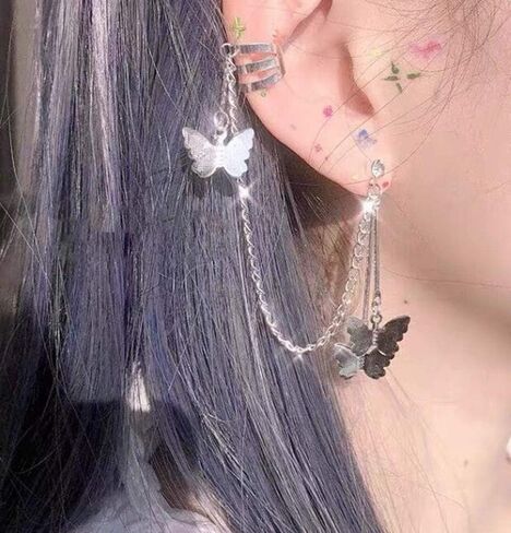 زوج واحد من اقراط الاذن على شكل فراشة وشراشيب للنساء والفتيات، اقراط فضية متدلية طويلة على شكل فراشة in Kuwait