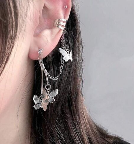 زوج واحد من اقراط الاذن على شكل فراشة وشراشيب للنساء والفتيات، اقراط فضية متدلية طويلة على شكل فراشة in Kuwait