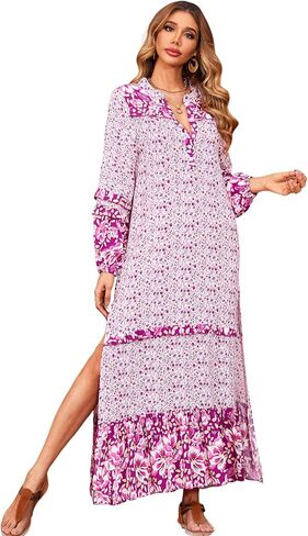 R.Vivimos Women's Long Sleeve Floral Print Bohemian Maxi Dresses with Slit in Saudi Arabia