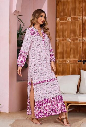 R.Vivimos Women's Long Sleeve Floral Print Bohemian Maxi Dresses with Slit in Saudi Arabia