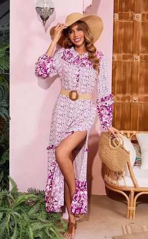 R.Vivimos Women's Long Sleeve Floral Print Bohemian Maxi Dresses with Slit in Saudi Arabia