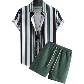 OYOANGLE Men's 2 Piece Outfits Tropical Print Striped Short Sleeve Button Down Hawaiian Shirt and Shorts Sets