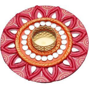 Decorative Pink Handmade Wooden Round Tea Light Holder Candle Holder T Lights Candle Stand Traditional Cultural Decorations Lighting Accessories Home Festival Décor (Size:-6")(Without Wax)